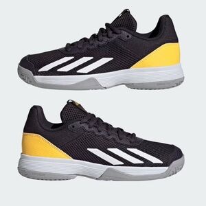 NWT adidas Kids Size 11.5T Court Flash Tennis Sneakers in Black, White & Yellow